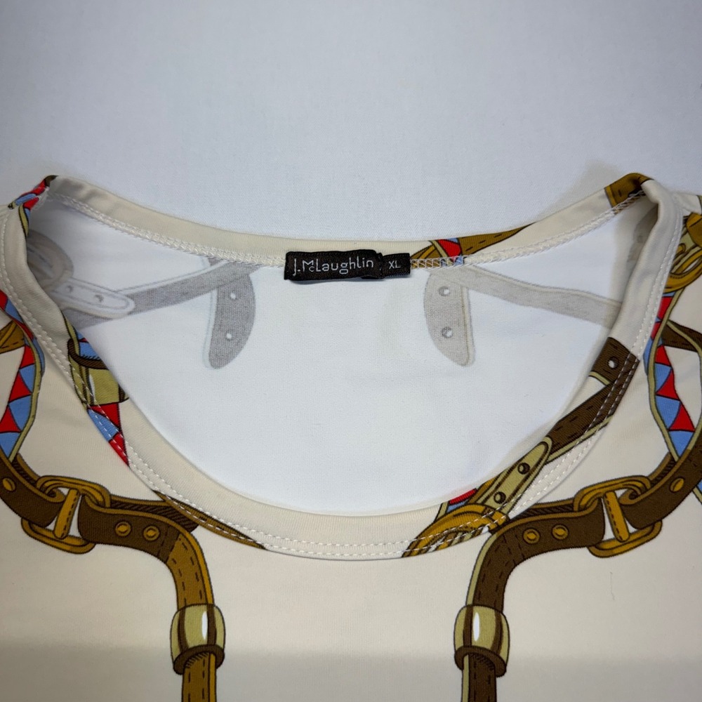 J McLaughlin Catalina Cloth Equestrian Horse Bit Chain Print Top XL Preppy - Picture 2 of 8